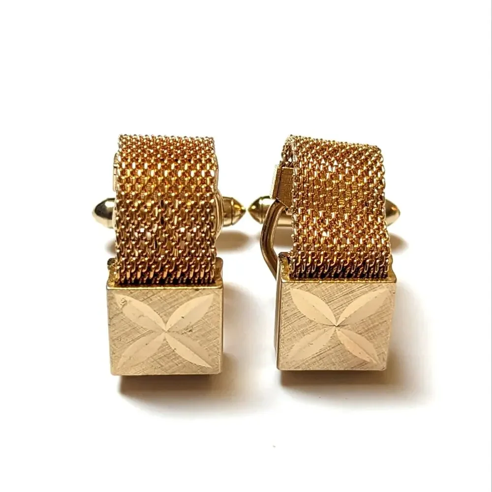 Vintage Swank Brushed Textured Gold Tone Square Cufflinks w/ Mesh Wrap